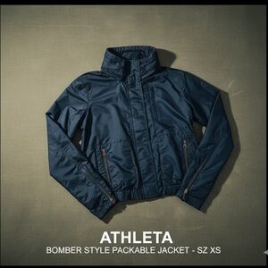 Athleta Bomber Style Women’s Dark Blue Packable Hood Military Style Jacket SZ XS